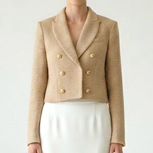 House of Harlow 1960 Tan Tweed Cropped Blazer Gold Buttons Neutral Pallet Small